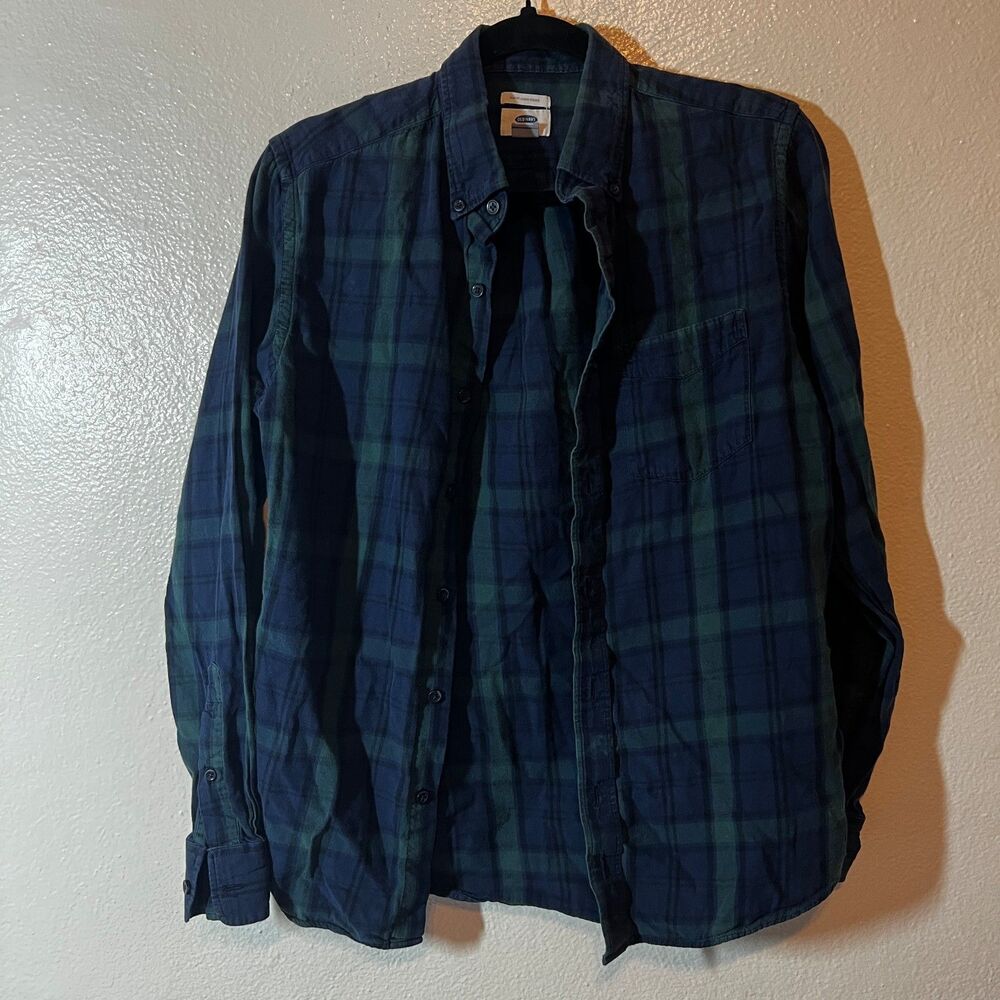 old navy slim fit shirt plaid blue green button down long  s